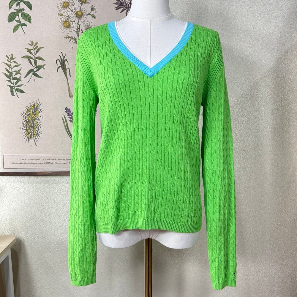 Vintage Y2k Green Cable Knit Sweater Preppy Retro Mod Whimsy Twee Prep Tennis M